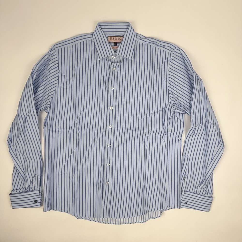 Mens Thomas Pink Slim Fit Blue Bengal Stripe Button-Up Dress Shirt Size 17 / XL